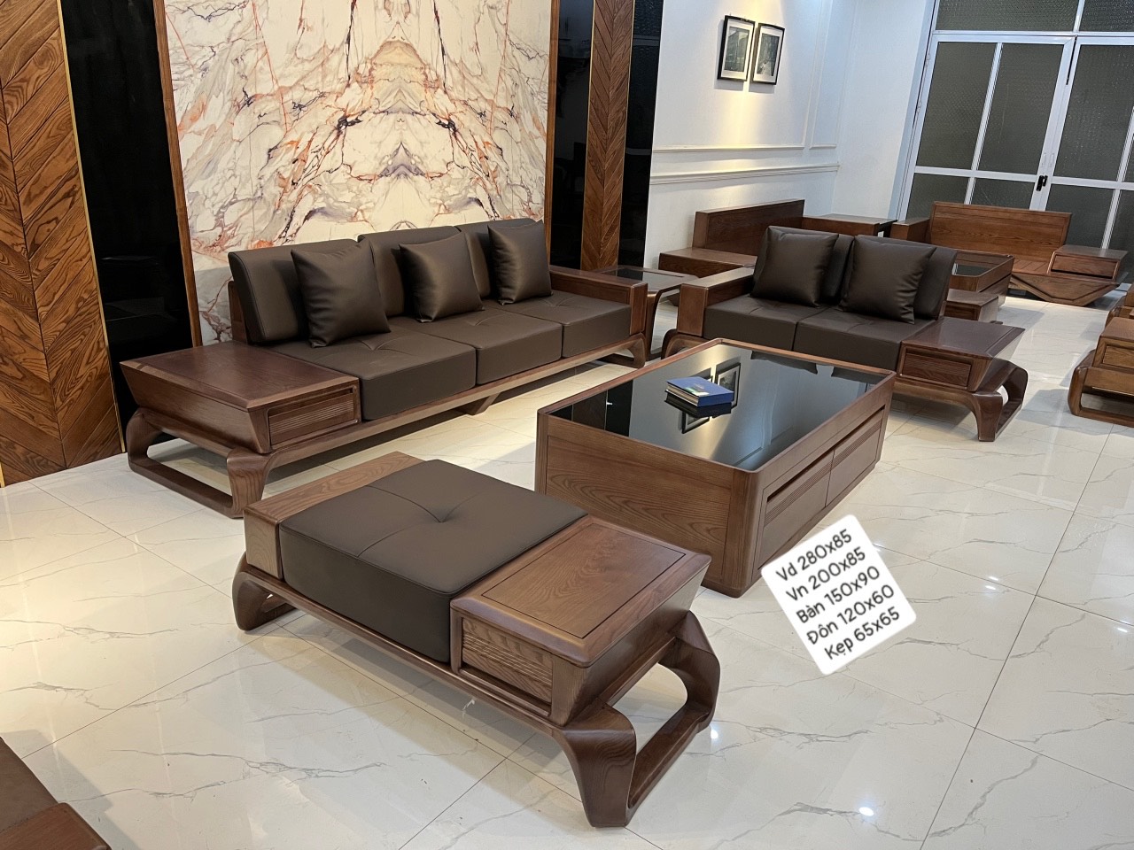 Sofa Phòng Khách Gỗ Sồi Lau Màu Óc Chó New 2023